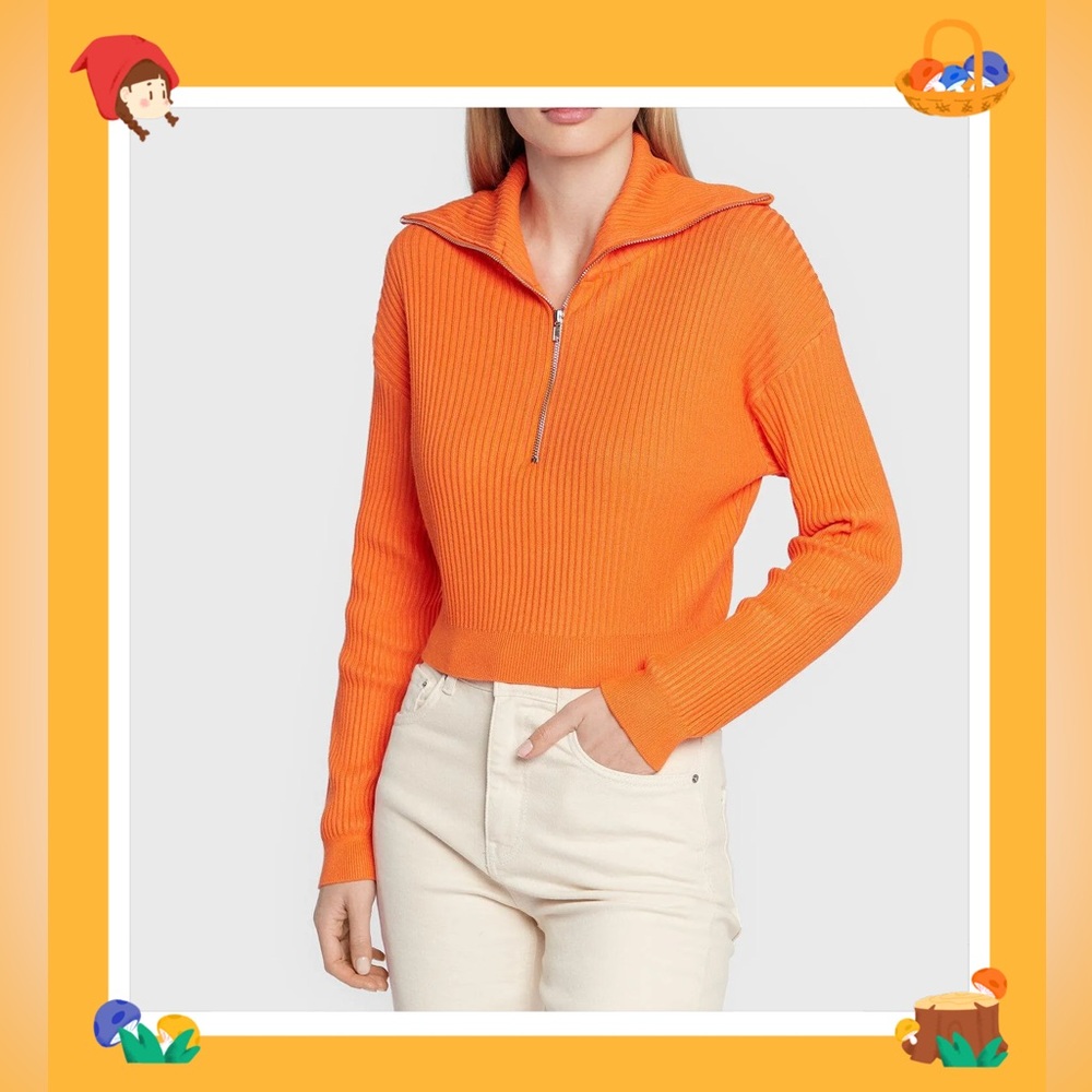 Cotton On Cropped Rib 1/4 Zip Collar Sweater Orange Sz L Y2K Casual Sporty